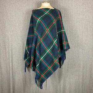 Vtg Troy Leisure Poncho Wool Flannel Blanket Blue Green Red Plaid Fringe Stadium